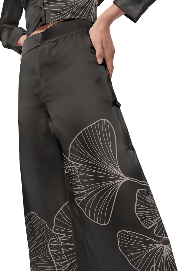 Palazzo Trousers with Side Slits in Black Silk Charmeuse with Ginkgo Leaf Print - STEF MOUCHIE