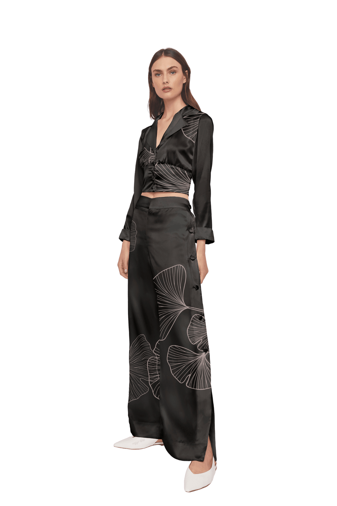 Palazzo Trousers with Side Slits in Black Silk Charmeuse with Ginkgo Leaf Print - STEF MOUCHIE