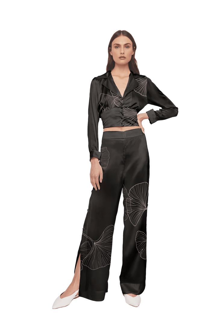 Palazzo Trousers with Side Slits in Black Silk Charmeuse with Ginkgo Leaf Print - STEF MOUCHIE