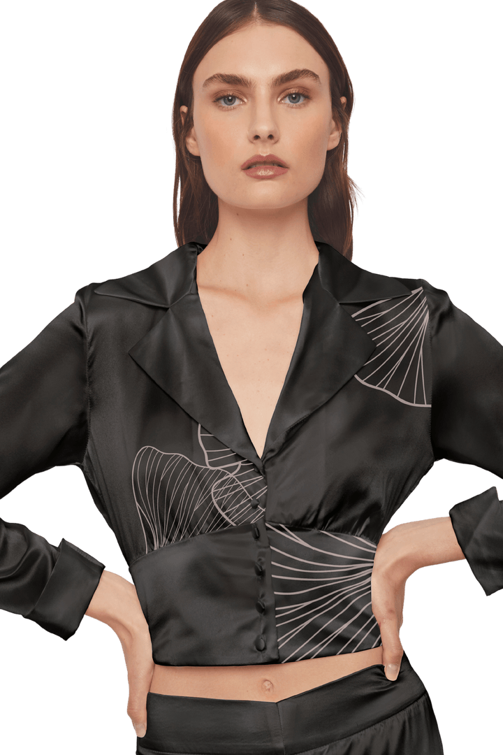 Cropped Blazer Shirt in Black Silk Charmeuse with Ginkgo Leaf Print - STEF MOUCHIE