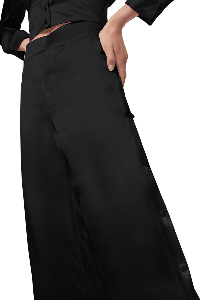 Palazzo Trousers with Side Slits in Black Silk Charmeuse