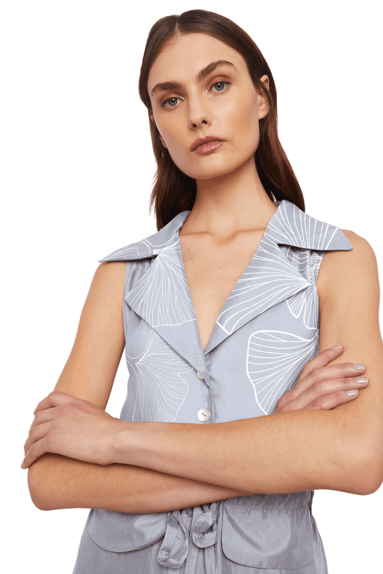 Tight Trench Sleeveless Dress in Light Blue Signature Ginkgo Leaf Print - STEF MOUCHIE