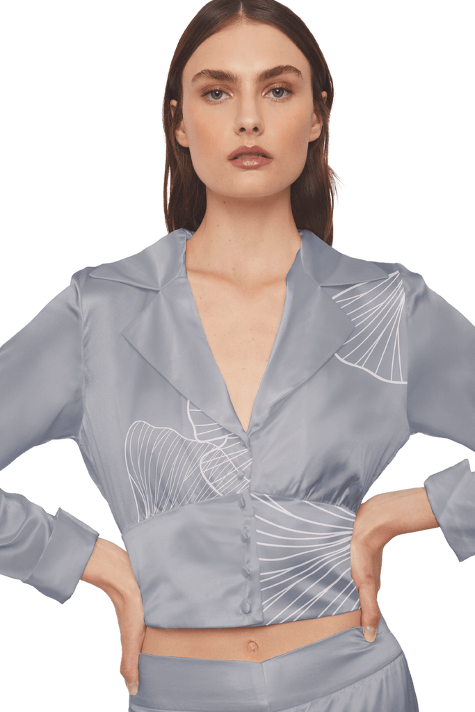 Cropped Blazer Shirt in Light Blue Silk Charmeuse with Ginkgo Leaf Print