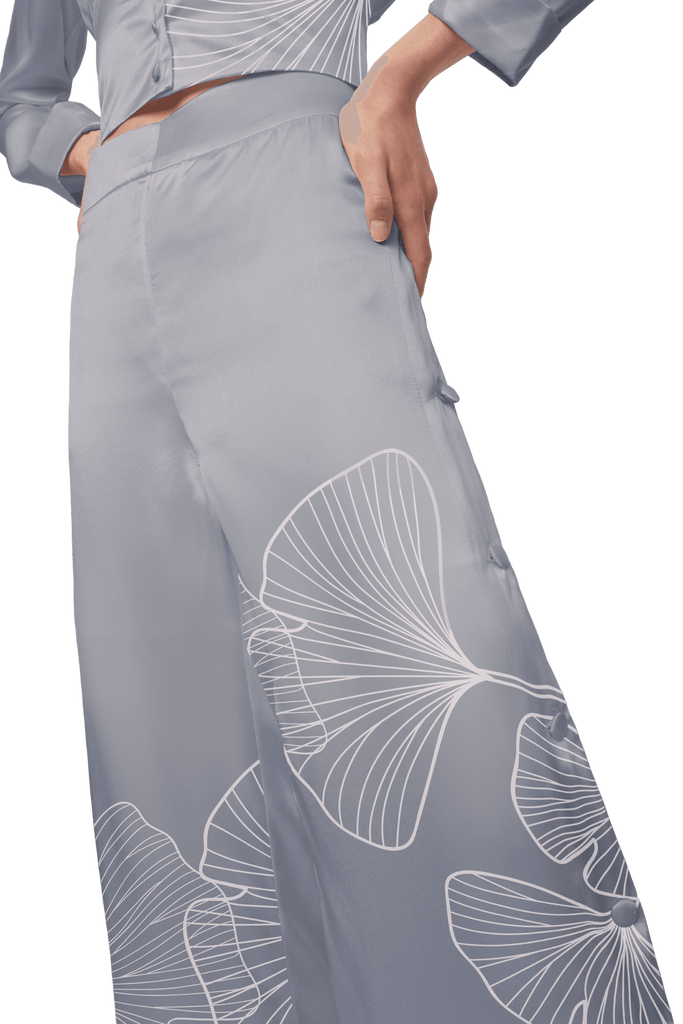 Palazzo Trousers with Side Slits in Light Blue Silk Charmeuse with Gingko Leaf