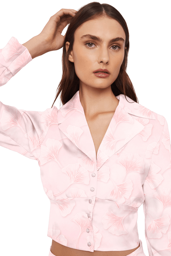 Cropped Blazer Shirt in Silk Organza with Signature Abstract Ginkgo Leaf Floral Print