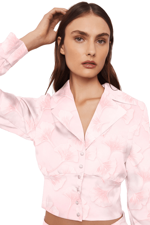 Cropped Blazer Shirt in Silk Organza with Signature Abstract Ginkgo Leaf Floral Print