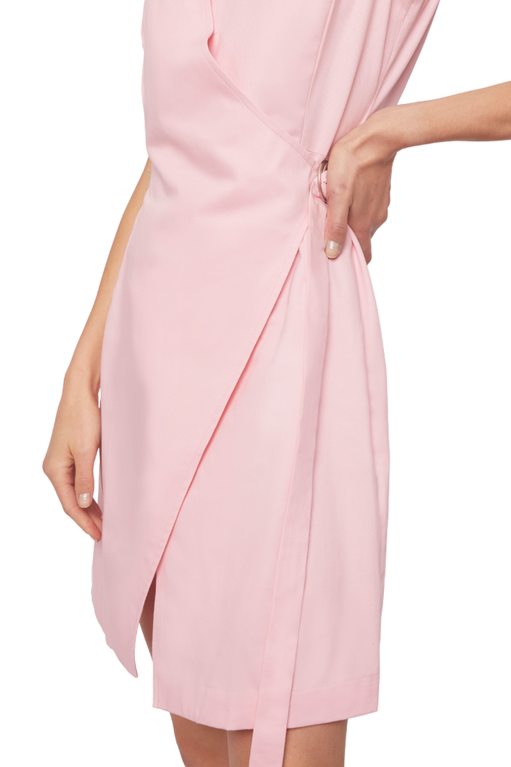 Crossed Front Asymmetric Closure Sheath Dress in Stratton Pink Solid Organic Cotton Twill - STEF MOUCHIE