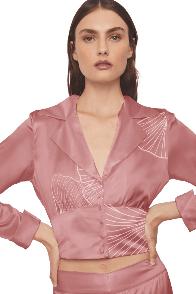 Cropped Blazer Shirt in Pink Silk Charmeuse with Ginkgo Leaf Print