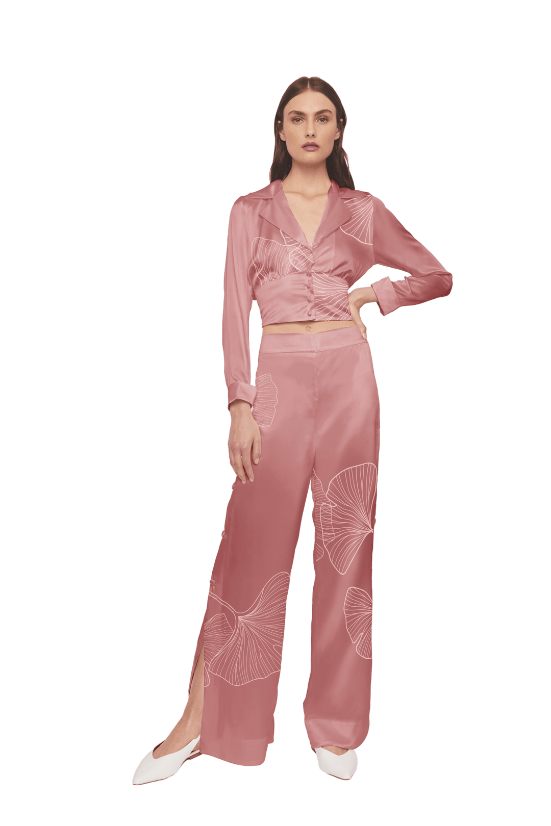 Palazzo Trousers with Side Slits in Pink Silk Charmeuse with Ginkgo Leaf - STEF MOUCHIE