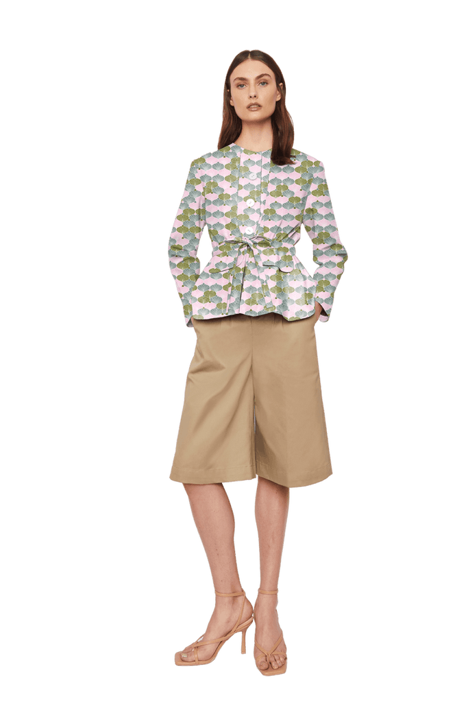 Collarless Jacket with Flap Pockets on Front and Drawstring Waist Signature Print