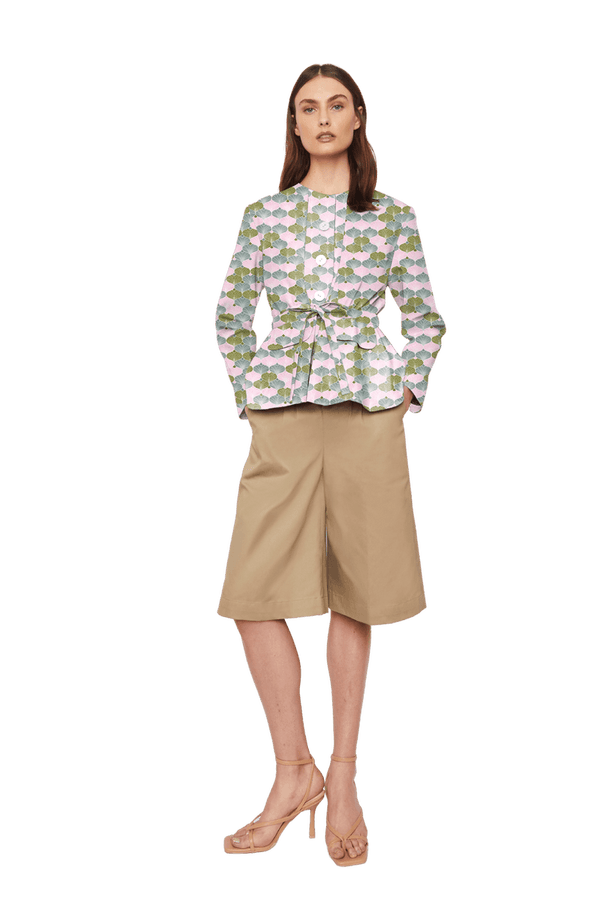 Collarless Jacket with Flap Pockets on Front and Drawstring Waist Signature Print