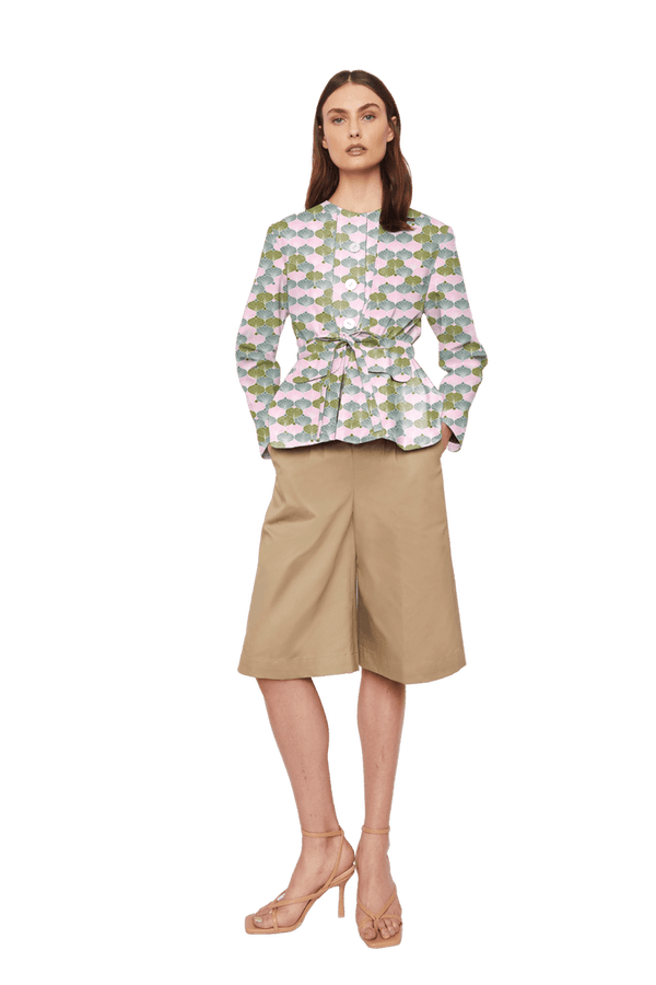 Collarless Jacket with Flap Pockets on Front and Drawstring Waist Signature Print
