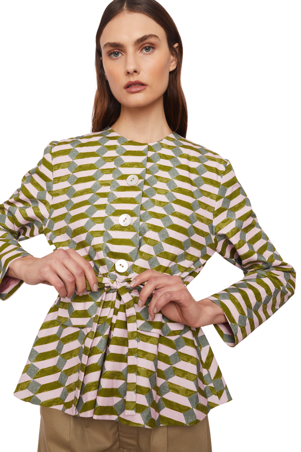 Collarless Jacket with Flap Pockets and Drawstring Waist in Geometric Pattern Cotton Twill