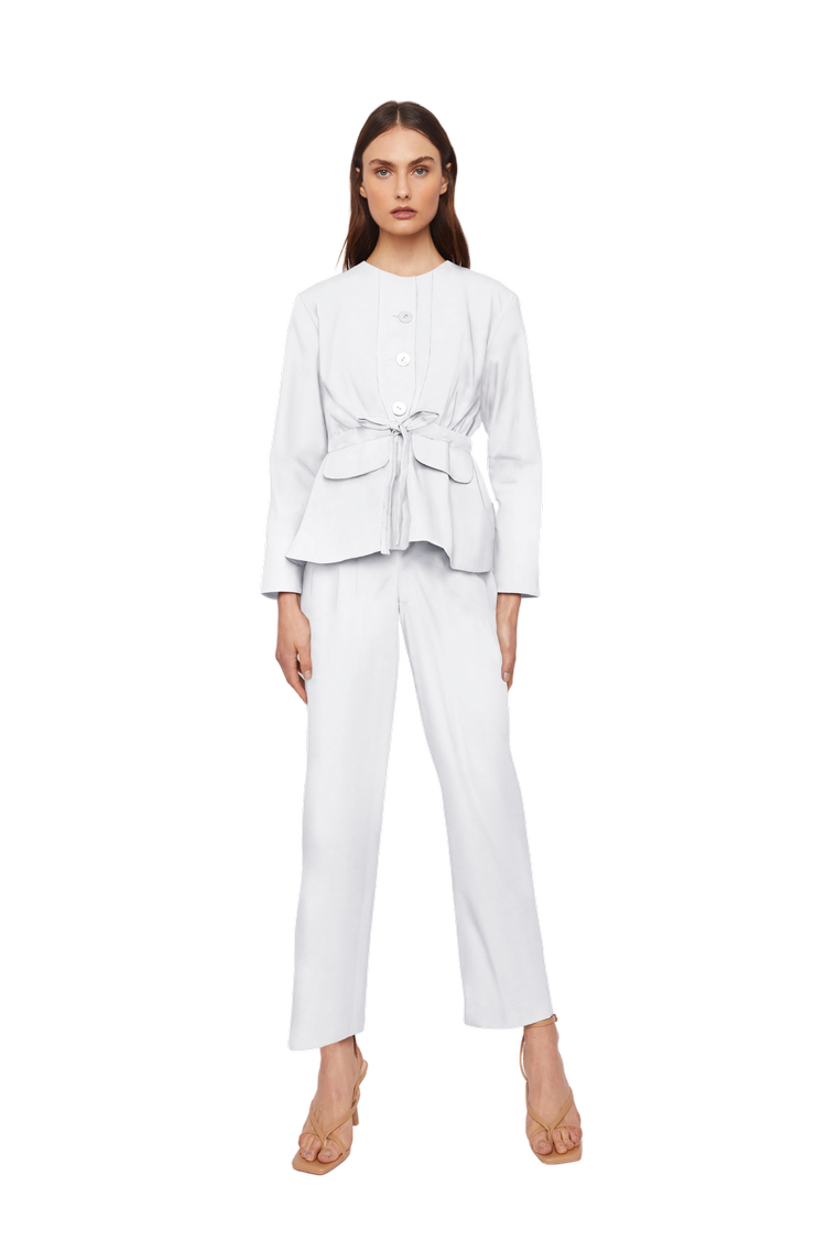 Collarless Jacket with Flap Pockets and Drawstring Waist in Stratton Winter White Solid Organic Cotton Twill - STEF MOUCHIE