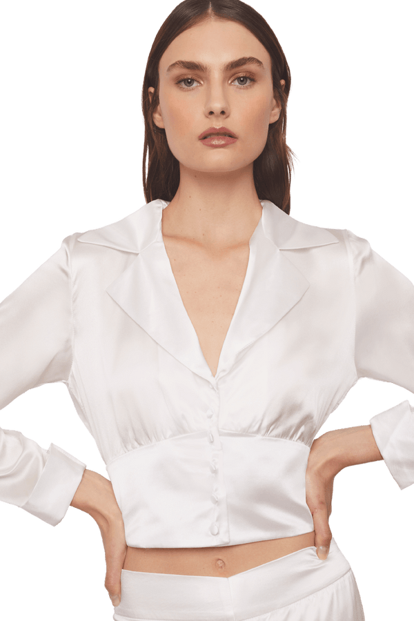 Cropped Blazer Shirt in White Silk Charmeuse