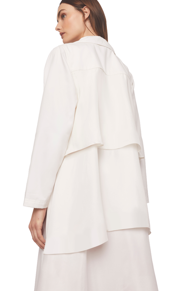 Long Blazer Relaxed Fit with Flouance Back in White Organic Cotton - STEF MOUCHIE