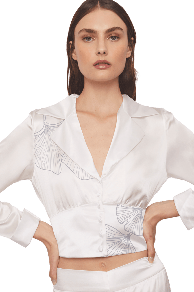 Cropped Blazer Shirt in White Silk Charmeuse with Ginkgo Leaf Printed