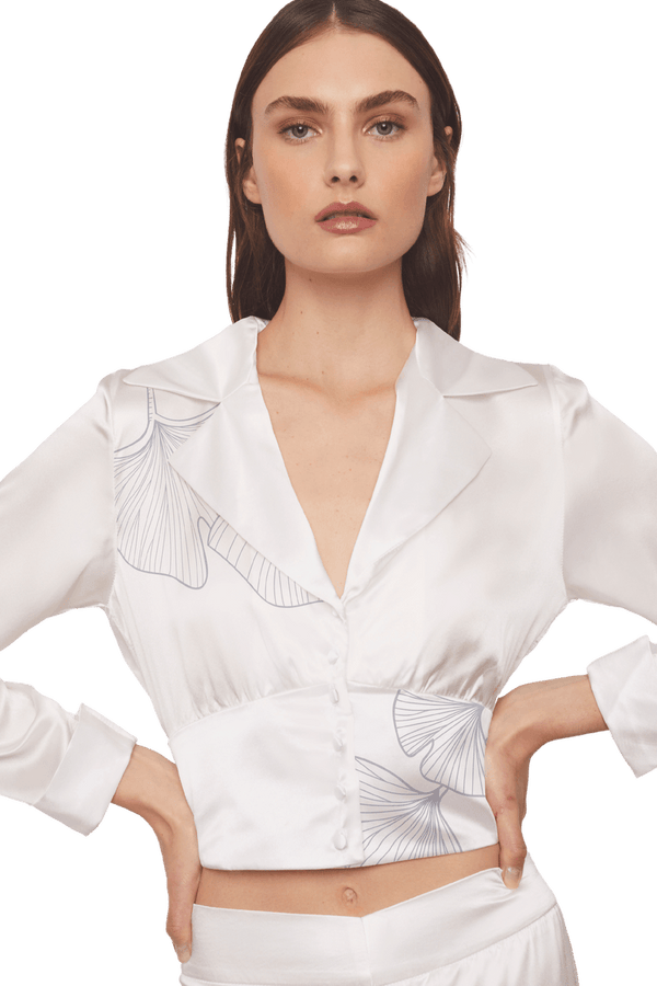 Cropped Blazer Shirt in White Silk Charmeuse with Ginkgo Leaf Printed