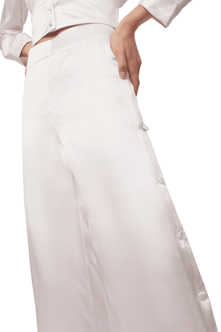 Palazzo Trousers with Side Slits in White Silk Charmeuse - STEF MOUCHIE