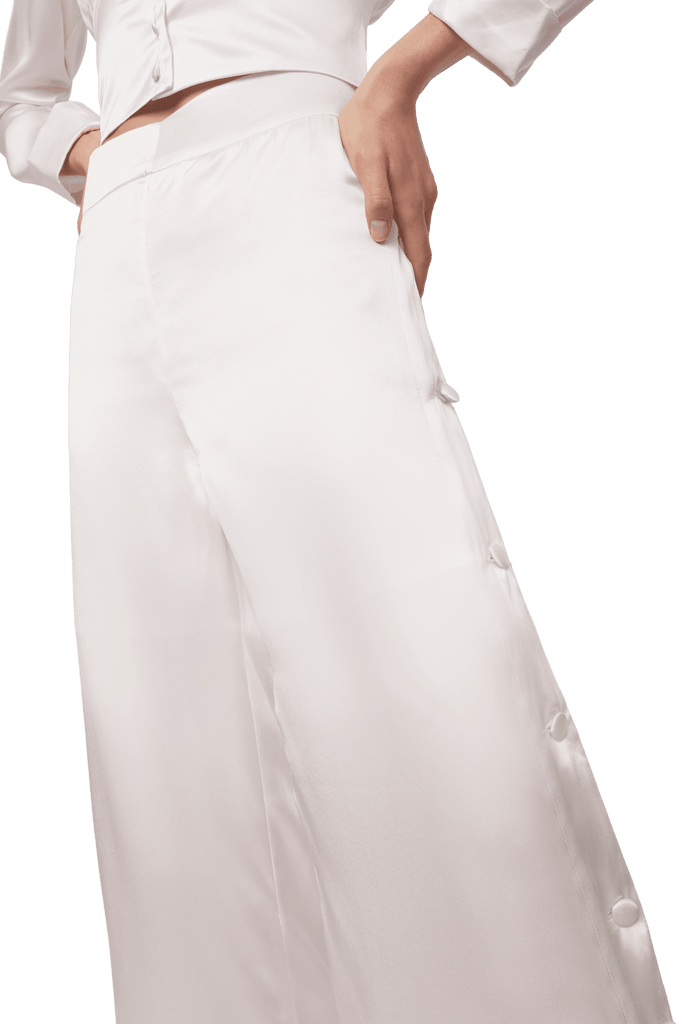Palazzo Trousers with Side Slits in White Silk Charmeuse