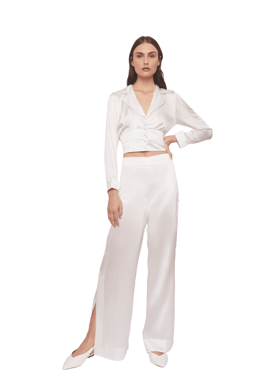 Palazzo Trousers with Side Slits in White Silk Charmeuse - STEF MOUCHIE