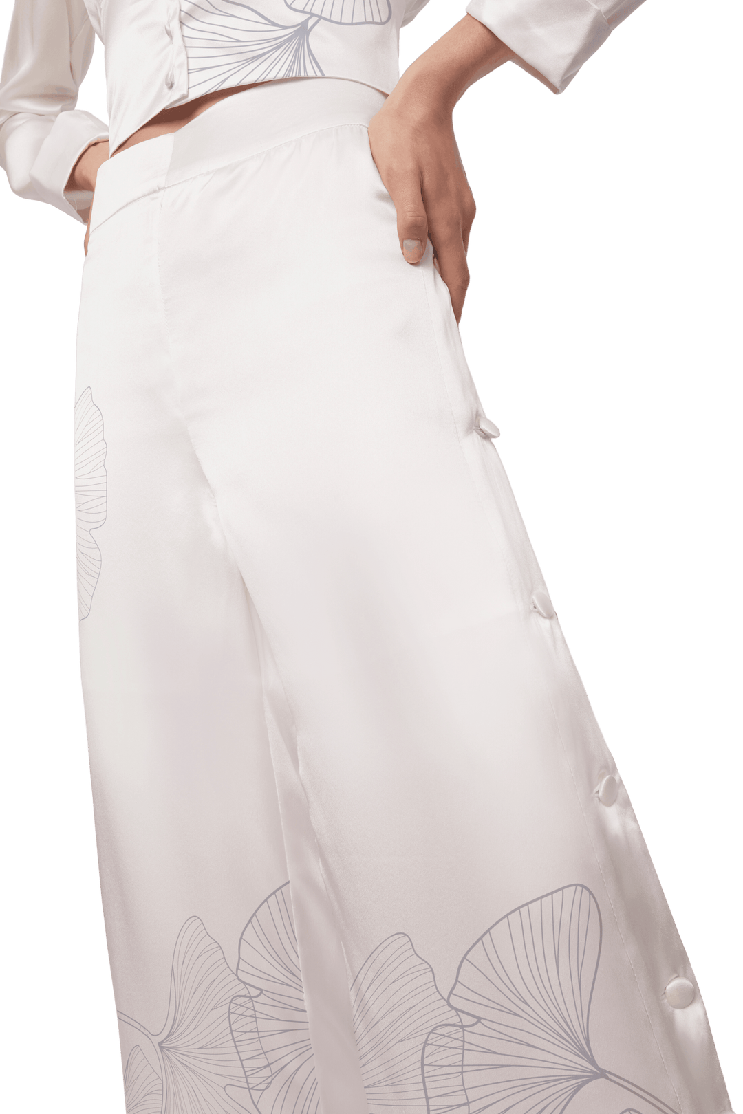 Palazzo Trousers with Side Slits in White Silk Charmeuse with Ginkgo Print - STEF MOUCHIE