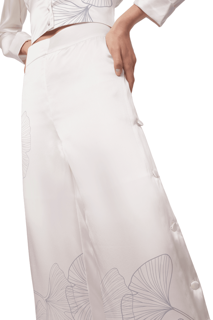 Palazzo Trousers with Side Slits in White Silk Charmeuse with Ginkgo Print