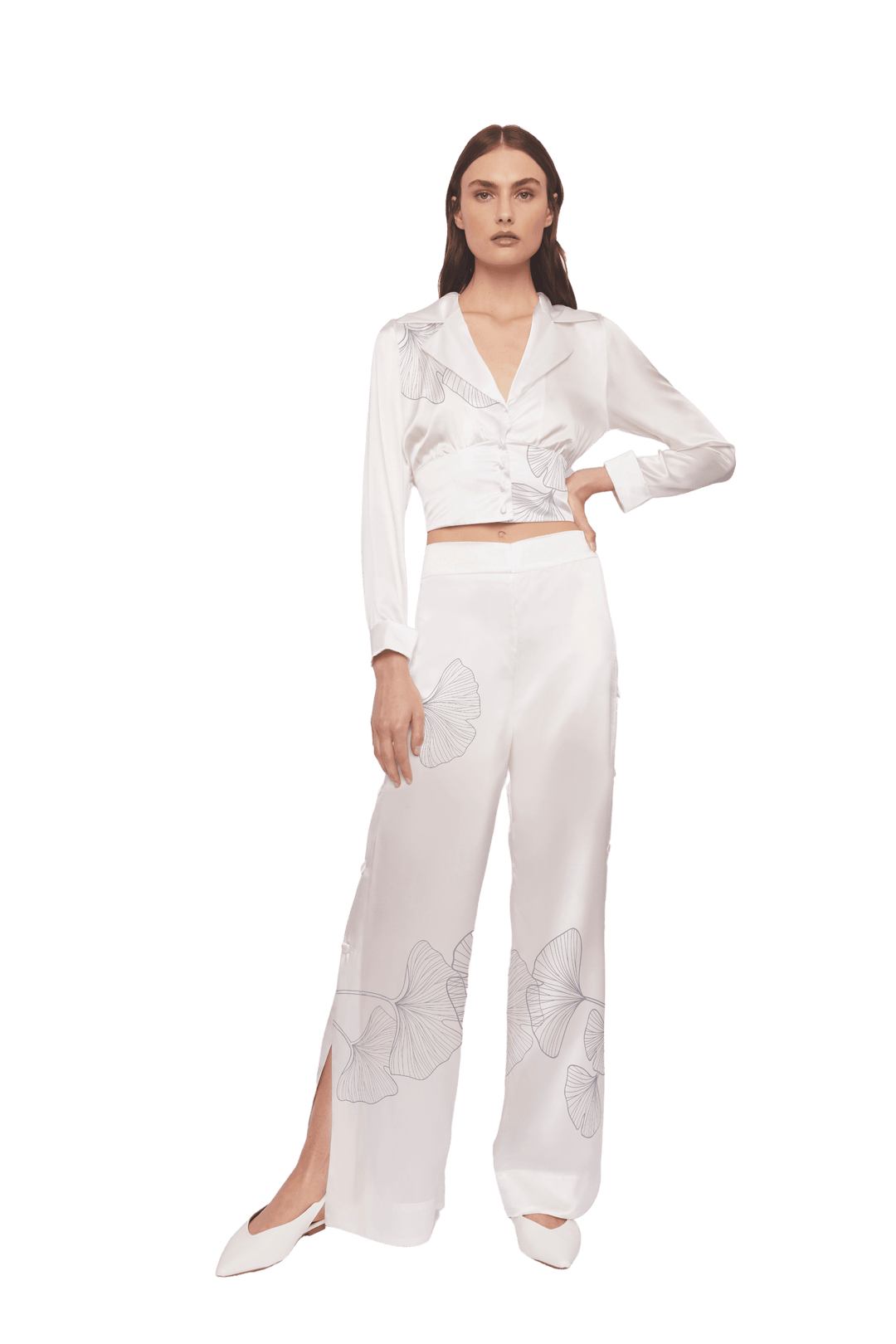 Palazzo Trousers with Side Slits in White Silk Charmeuse with Ginkgo Print - STEF MOUCHIE