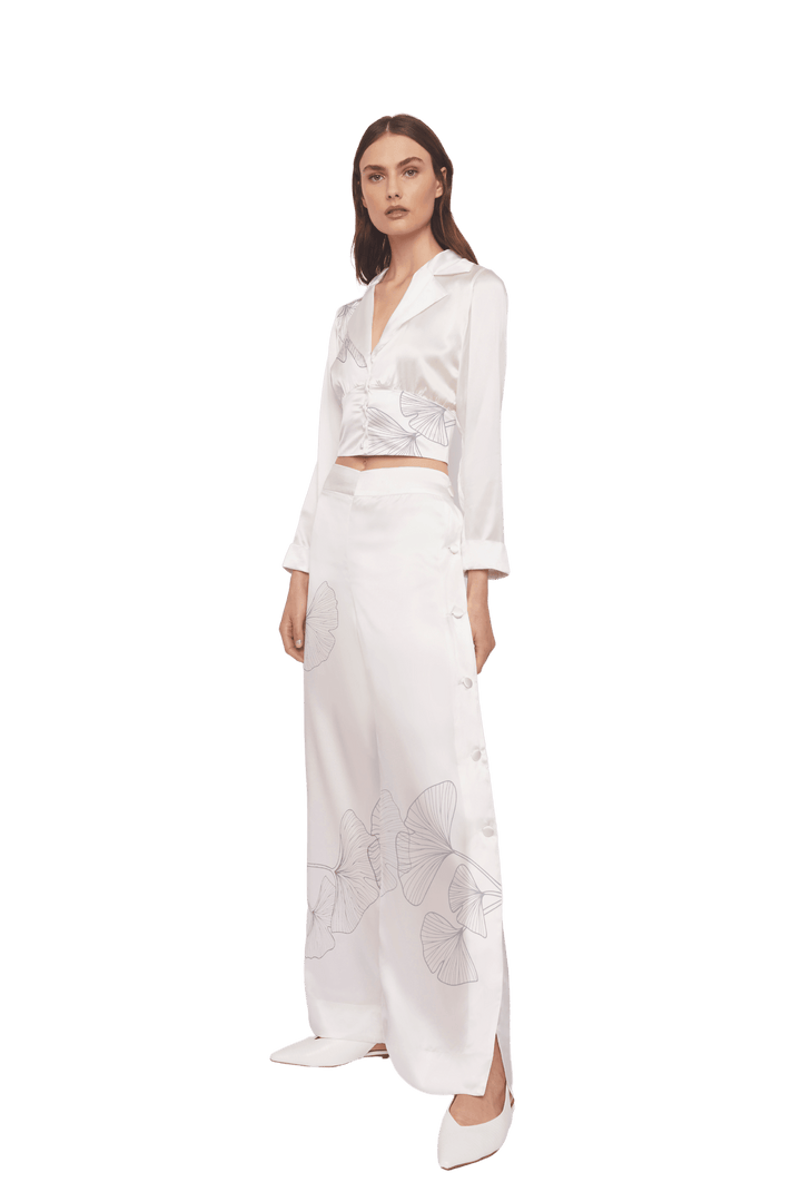 Palazzo Trousers with Side Slits in White Silk Charmeuse with Ginkgo Print - STEF MOUCHIE